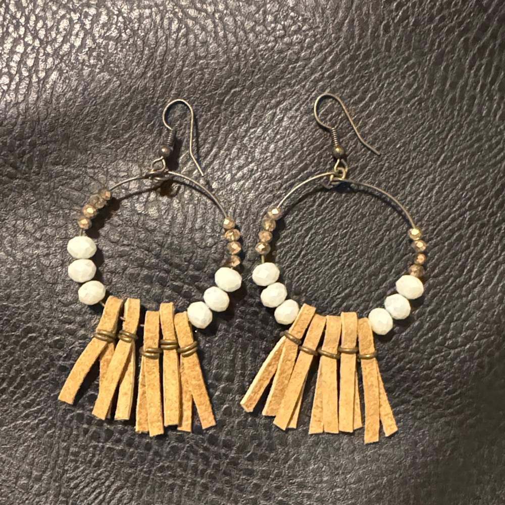 Bohemian Fringe Hoop Earrings in White and Tan